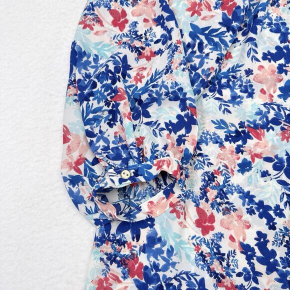 Talbots Top Plus Size 3X Blue Pink Floral Popover Blouse Ruffles Preppy Resort - Picture 6 of 11